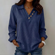 Damen Lässiges V-Ausschnitt-Blusenshirt mit Hemdkragen und asymmetrischer Zierknopfleiste Nord Taschen – Marineblau