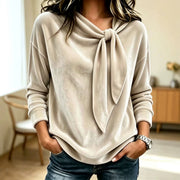 Damen Drapiertes Velours-Sweatshirt mit Knotenschalkragen Nord Taschen – Apricot