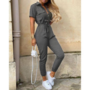 Damen Kurzarm-Utility-Overall mit Taillenbindegürtel und schmalem Joggerbein Nord Taschen – Grau
