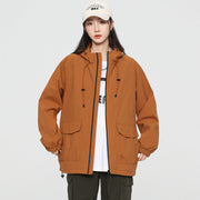 Damen Oversize Windbreaker Jacke mit Kapuze und Cargotaschen Nord Taschen – Karamell