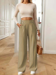 Damen Hochtaillierte weite Marlene-Hose mit Zierknopf-Bund und Bügelfalte Nord Taschen – Khaki