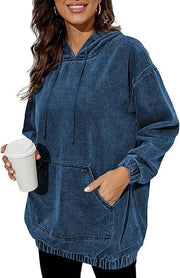 Damen Oversize Kapuzenpullover aus verwaschenem Jeansstoff mit Kängurutasche Nord Taschen – Dunkelblau