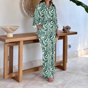 Damen Gemustertes Kimono-Lounge-Set mit weitem Palazzohose aus leichtem Viskose-Mix Nord Taschen – Grün, bedruckt