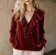 Damen Rüschige V-Ausschnitt-Bluse aus Chiffon mit Volantkragen und elastischen Manschetten Nord Taschen – Weinrot