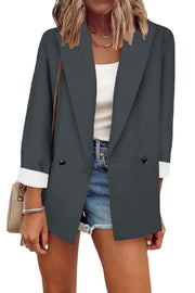 Damen Lockerer Longline-Blazer mit aufgekrempelten Ärmeln und zweireihiger Knopfleiste Nord Taschen – Dunkelgrau