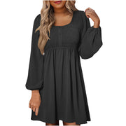 Rosa | Damen Minikleid Smok-Oberteil Eckiger Ausschnitt Langarm – Schwarz