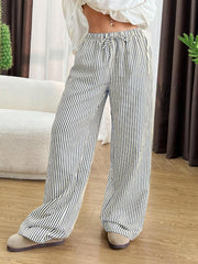 Damen Weite Highwaist-Hose mit Tunnelzug Streifen-Leinenoptik und Eingrifftaschen Nord Taschen – Blau