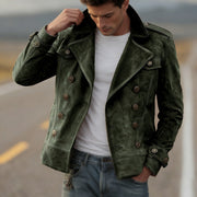 Herren Doppelreihige Lederjacke im Vintage-Look mit Schalkragen und Schulterklappen Nord Taschen – Olivgrün
