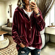 Damen Oversize Kapuzen-Samtjacke mit Knopfleiste und aufgesetzten Taschen Nord Taschen – Weinrot
