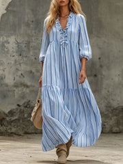 Damen Maxikleid mit Rüschen-V-Ausschnitt und Ballonärmeln Nord Taschen – Blau