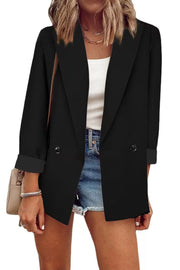 Damen Lockerer Longline-Blazer mit aufgekrempelten Ärmeln und zweireihiger Knopfleiste Nord Taschen – Schwarz