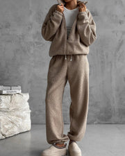 Damen Teddy-Fleece-Loungewear Set mit halbem Reißverschluss elastischem Tunnelzugbund und weitem Bein Arvani – Khaki