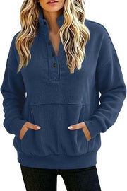 Damen gerippter Henley-Pullover mit Stehkragen und Kängurutasche Nord Taschen – Dunkelblau