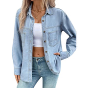Damen Oversized Jeans-Hemdjacke aus Denim mit Brusttaschen Nord Taschen – Hellblau
