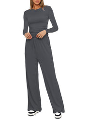 Damen Figurbetontes Longsleeve mit seitlicher Raffung und High-Waist Palazzo-Jogginghose Set Nord Taschen – Grau