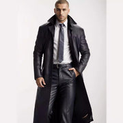 Herren Langer Ledermantel im Trench-Stil mit schmaler Silhouette und Stehkragen Nord Taschen – Schwarz