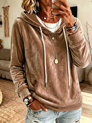 Damen Samt-Kapuzenpullover mit Relaxed-Fit und Kordelzug Nord Taschen – Kaffeebraun