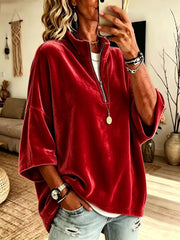 Damen Oversize Samt-Pullover mit kurzem Reißverschluss und Stehkragen Nord Taschen – Rot