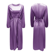 Damen Elegantes Maxikleid aus Satin mit Wickel-Detail, Langarm und Taillenband Nord Taschen – Violett