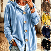 Damen Oversize Kapuzen-Samtjacke mit großen Holzknöpfen und weichem Veloursfutter Nord Taschen – Gewicht: S:320g–5XL:420g