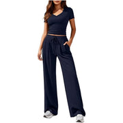 Damen Lässiges Lounge-Set mit tailliertem V-Ausschnitt bauchfreiem Top und weitem Kordelbund-Hose Nord Taschen – Navyblau