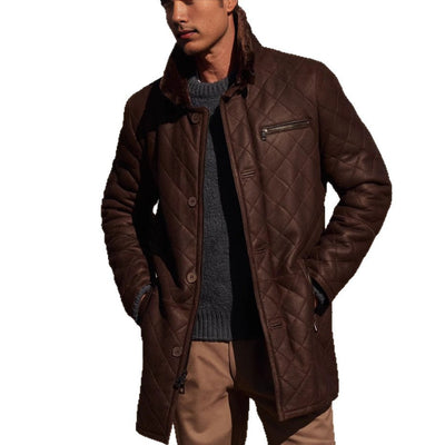 Herren gesteppter Kunstleder-Mantel mit Teddyfell-Kragen Aliams