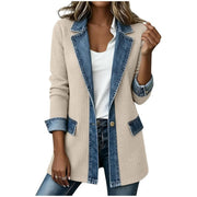 Damen Strickblazer mit Jeansbesatz und Reverskragen Nord Taschen – Cremeweiß