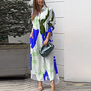 Damen Langes Hemdblusenkleid mit abstraktem Pinselprint und seitlichen Eingrifftaschen Nord Taschen – Weißgrund - Dunkelblau - Sofortversand