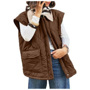 Damen Oversize Steppweste mit Druckknopf-Taschen und hohem Kragen Nord Taschen – Dunkelbraun