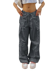Damen Weite Cargo-Hose aus leichtem Funktionsstoff mit Tunnelzug und Pattentaschen Nord Taschen – Grau