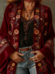 Eudocia - Bestickter Boho-Kimono-Cardigan – Burgunderblume