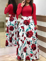 Damen Zweiteilig wirkendes Maxikleid mit figurbetontem Jersey-Oberteil und weitem Blumenrock Nord Taschen – Rot Langarm 8888A