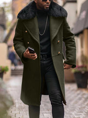 Herren Doppelreihiger Wollübermantel mit voluminösem Schafsfellkragen und goldenen Zierknöpfen Nord Taschen – Olivgrün