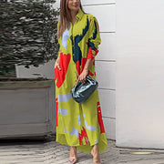 Damen Langes Hemdblusenkleid mit abstraktem Pinselprint und seitlichen Eingrifftaschen Nord Taschen – Gelb - Versand am selben Tag