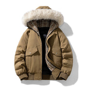 Herren wattierte Winterjacke mit Kapuze und abnehmbarem Kunstfellkragen – Ocker