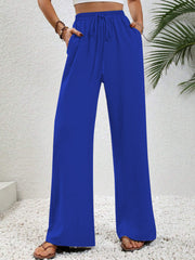 Damen Weite Palazzohose mit hohem Elastikbund, Kordelzug und Eingrifftaschen Nord Taschen – Blau