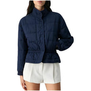 Damen Kurz geschnittene Steppjacke mit Stehkragen und Taillengummi Nord Taschen – Navyblau