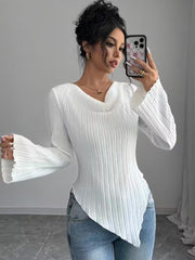 Damen Asymmetrischer Gerippter Feinstrickpullover mit V-Ausschnitt Nord Taschen – Weiß