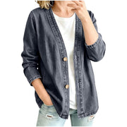 Damen Oversize Jeansjacke im Kimono-Stil mit Holzknöpfen Nord Taschen – Schwarz