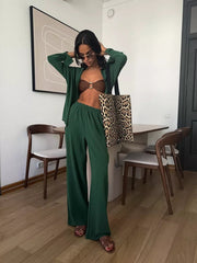 Damen Zweiteiliges Lounge-Set Oversize-Bluse mit Brusttasche und weiter Palazzo-Hose Nord Taschen – Dunkelgrün