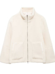Damen Boxy-Teddyfleece-Jacke mit Stehkragen, Zwei-Wege-Reißverschluss und aufgesetzten Taschen Nord Taschen – Weiß