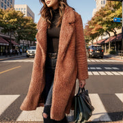 Damen Langer Teddy-Mantel aus Kunstfell mit Oversize-Schnitt und Schalkragen Nord Taschen – Karamell