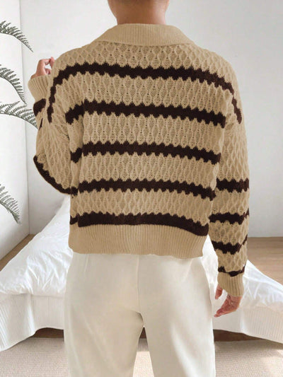 Strickpullover mit Kragen | Strukturmuster | Gestreifter Look