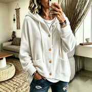 Damen Oversize Kapuzen-Samtjacke mit Knopfleiste und aufgesetzten Taschen Nord Taschen – Weiß