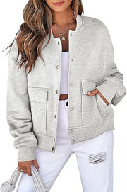 Damen Oversized Bomberjacke aus French Terry mit Druckknopf und aufgesetzten Taschen Nord Taschen – Hellgrau