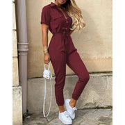 Damen Kurzarm-Utility-Overall mit Taillenbindegürtel und schmalem Joggerbein Nord Taschen – Weinrot