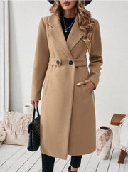 Damen Longline-Mantel mit Reverskragen und Pattentaschen-Detail Nord Taschen – Khaki
