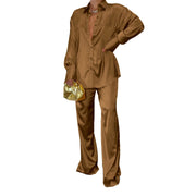 Damen Satin-Hemd und Palazzo-Hose Lounge-Set Nord Taschen – Kaffeebraun