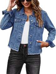 Damen Kurz geschnittene Denim-Jacke mit fransigem Saum und Brusttaschen Nord Taschen – Dunkelblau