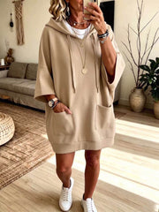 Damen Oversize Hoodie-Kleid mit Kängurutaschen und halblangen Ärmeln Nord Taschen – Khaki
